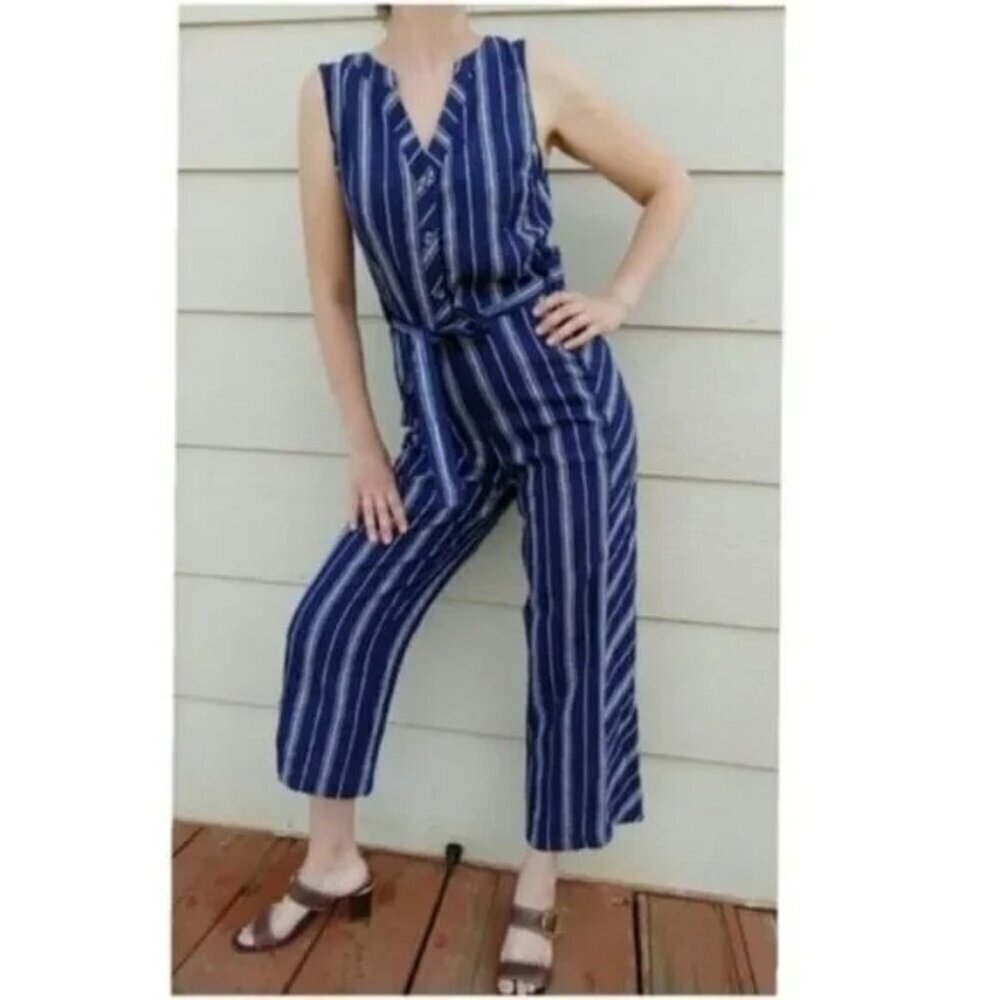 Laundry by Shelli Segal Striped Linen Viscose Sleeveless Jumpsuit Navy Size 2 - Picture 1 of 7